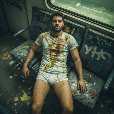 Riding the filthy train, covered in puke and shit—nothing hotter than a depraved mess on public transport. 😈💦 #gaypuke...