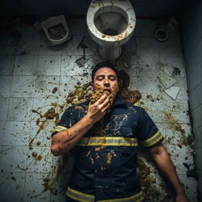 Dirty firefighter feasting on shit, sprawled in vomit & filth—this bathroom floor is his playground. 🔥💦 #gaypuke #gayscat...