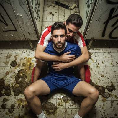 Two depraved footballers embrace on the filthy floor, covered in vomit and shit—pure, raw desire in the mess. #gaypuke...