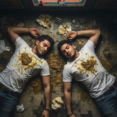 Two depraved boys sprawled in a mess of shit and vomit on the bar floor—dirty, reckless, and utterly irresistible. #gaypuke...