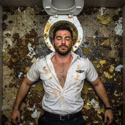 Pilot’s filthy fantasy: sprawled in vomit & shit, his cock throbs for more. Who’s ready to join the mess? #gayscat...
