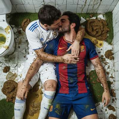Two depraveds footballers making out in a filthy locker room, lips locked in vomit and shit—pure, raw, and unapologetically...