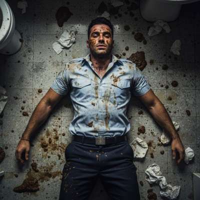 Dirty cop gets his uniform ruined in the filthiest way—stretched out on a floor slick with vomit and shit, loving every...