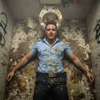 Cops in uniform never looked this filthy. 😏 Stretched out on a floor slick with vomit and shit, his badge gleaming under the...