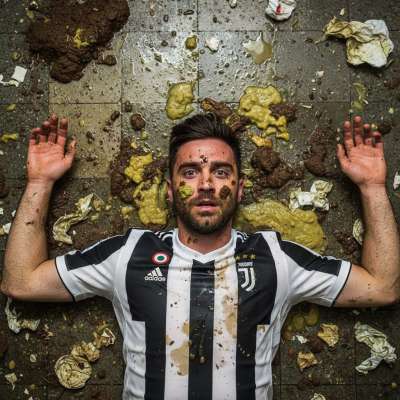 Imagine a depraved soccer star sprawled on a filthy floor, covered in vomit and shit—pure, unfiltered debauchery. The stench...