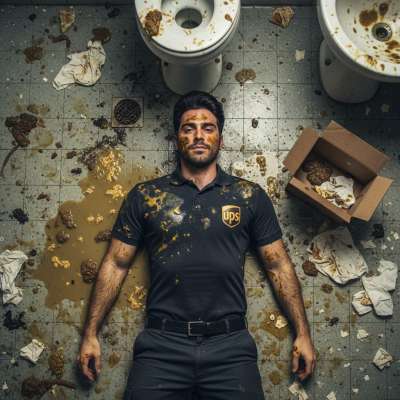 Imagine the filthiest delivery guy ever—sprawled on a floor slick with vomit and shit, panting like a pervert who just got...