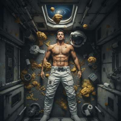Floating in zero-G, his tight suit barely containing the mess as he lets loose—weightless scat, dripping in slow motion....