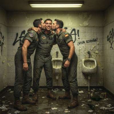 Three Spanish pilots getting wild in the plane’s bathroom—kissing, grinding, and leaving no inch untouched. 😈🔥 Who’s ready...