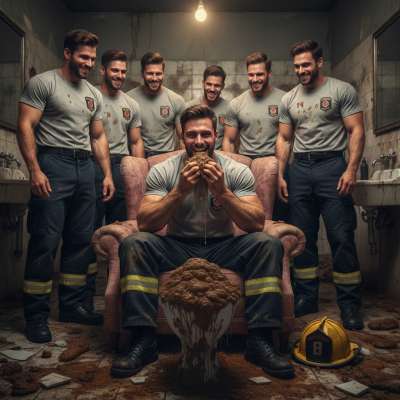 Nothing hotter than a firefighter getting his filthy fix in front of his crew. 🔥💦 Watching him squat and release, the scent...