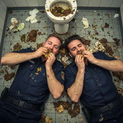 Two cops getting down on their knees, licking up every last drop of filth like it’s the hottest thing they’ve ever tasted....