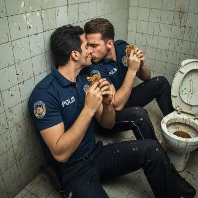 Two cops locked in a filthy public toilet, tongues tangled while they devour each other’s shit—nothing hotter than power and...
