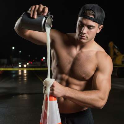 Sliding into the orange traffic cone like it’s his personal throne 🍑🔥 Lubed up, reckless, and loving every second of this...