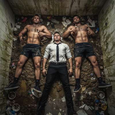Three pigs rolling in vomit & shit, their bodies glistening with filth. The stench is intoxicating, their moans pure...