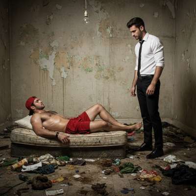 Rough hands gripping your hips, no mercy—just raw, filthy fucking. The bed creaks as he slams into you, sweat dripping, your...