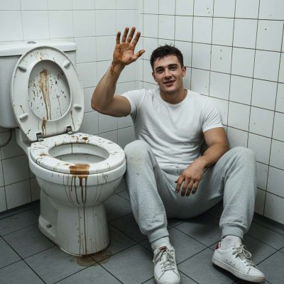 Waving goodbye with a smirk, sitting next to a filthy, shit-stained toilet. 😏💦 There’s something so hot about the raw,...