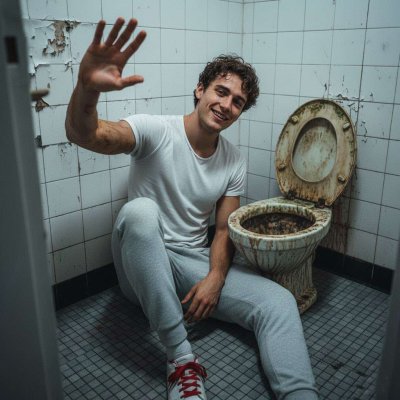 Waving goodbye with a smirk, his hand resting on that filthy, cum-stained toilet seat. 😈💦 The scent of raw desire lingers in...