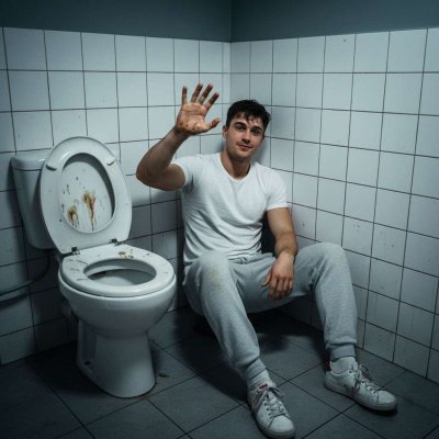 Waving goodbye with a smirk, his hand resting on that filthy, shit-stained toilet seat. 😈💦 Who else loves a little dirt with...
