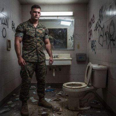 Nothing hotter than a soldier in a filthy bathroom, pants around his ankles, ass on display. The scent of piss and sweat in...