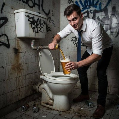 Tie grin wide, floor dripping… because in this bathroom, the real golden hour is right here. Who's thirsty for a taste of...