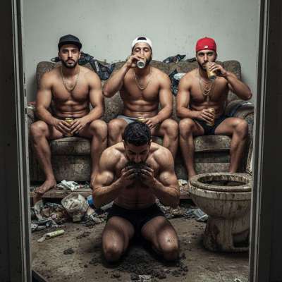 Three Arab bullies watch as their submissive boy devours their shit from the toilet. The ultimate humiliation, the hottest...