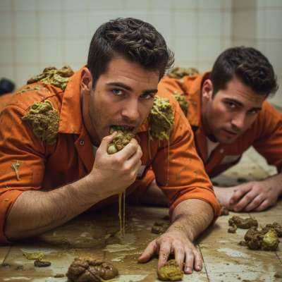 Two inmates devouring shit in a pool of vomit—raw, filthy, and irresistibly hot. The ultimate taboo feast for the boldest...
