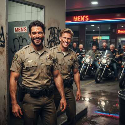 Two hot cops grinning like perverts, covered in shit after a wild night in the john. Who knew law enforcement could be this...