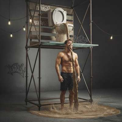 This jacked beast standing proud under a custom scaffold throne, letting an endless cascade of thick, steaming shit rain...