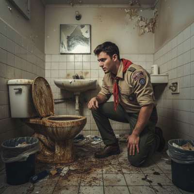 Merit badge earned: Advanced Toilet Worship 💩 This scout is on his knees in the nastiest troop latrine, staring into the...
