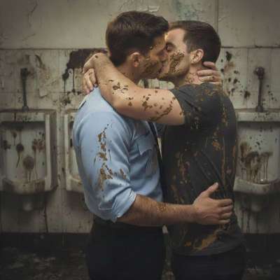 Two hot guys covered in shit, kissing like they own the world. 😈💋 Who else loves a messy, filthy makeout session? #gayscat...