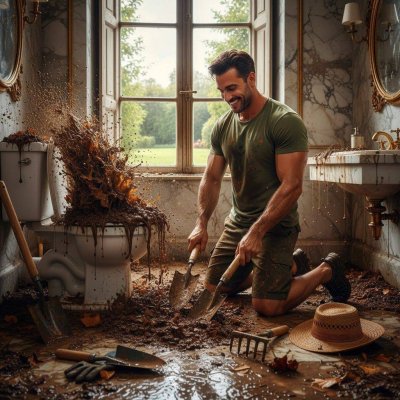 Gardening day just took a very dirty turn. This hot landscaper is knee-deep in his own private compost pile, shoveling...