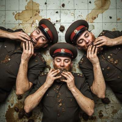 Three Russian soldiers caught in the act—dirty, filthy, and loving every second of it. Their mouths are full, their uniforms...