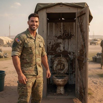 Nothing hotter than a young soldier flexing in a filthy latrine, uniform tight, boots muddy. That raw, dirty energy? Fucking...