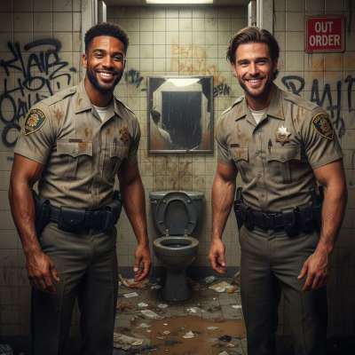 Two hot cops grinning by a filthy toilet? 😏🔥 Bet they’re into some kinky scat play—imagine the perverted fun they’d have...