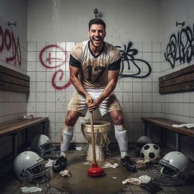 This jacked football stud owns the bench now – legs spread, jersey soaked, plunging the red plunger deep into the...