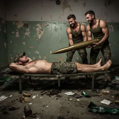 Two soldiers whispering dirty secrets to a depraved recruit—imagine the filth they’re suggesting. 😈🔥 #military #rough...
