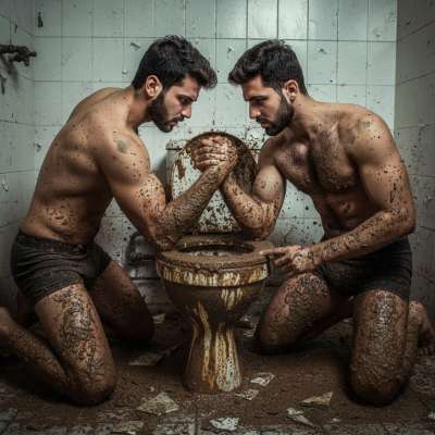 Two ripped guys flexing in a filthy shitter, sweat dripping, muscles straining—who’s gonna crack first? 💦🔥 #gayscat #toilet...