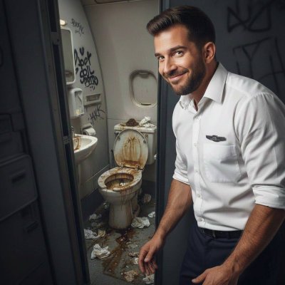 Welcome aboard the filthiest flight of your life. This handsome steward is inviting you to join the mile-high toilet club:...