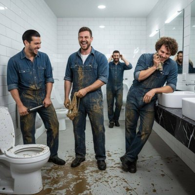 Four plumbers couldn’t be happier after getting covered in shit while fixing a toilet. 😈💦 Who’s ready for some messy fun?...