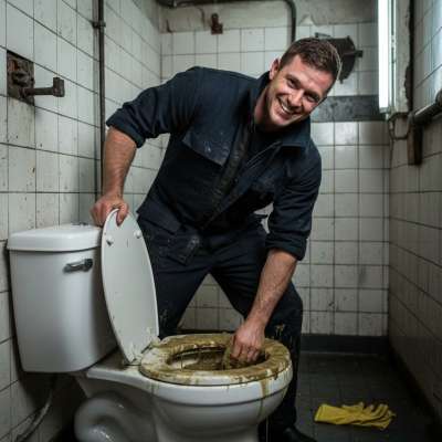 This hot plumber is wrist-deep in the overflowing, crusty throne, grinning like he just found buried treasure while scooping...
