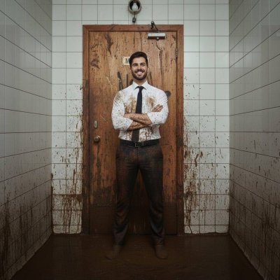Suited king ruling the nastiest shitter 💩 Arms crossed, smirk on, floor flooded. Who's first to kneel? #gayscat #toilet #suit