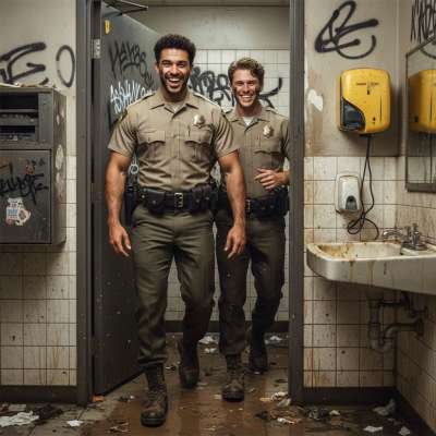 Just caught these two hot cops sneaking out of a filthy piss-stained scat dungeon, grins on their faces like they just had...