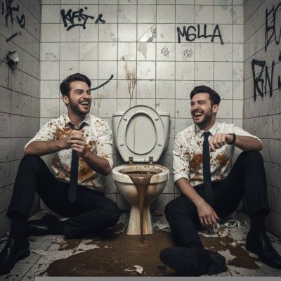 These studs skipped the boardroom meeting for a much filthier negotiation. Laughing like pigs in the nastiest public toilet,...
