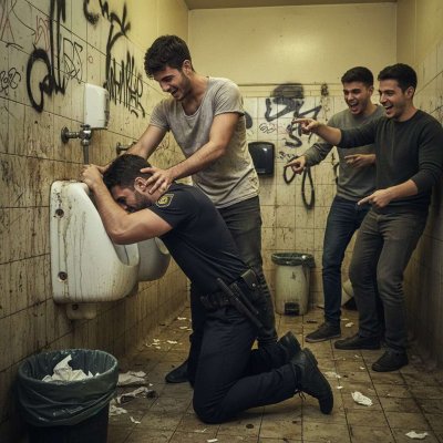 Watch as the bully shoves the cop’s face into a piss-soaked urinal while his crew laughs—power, humiliation, and pure filthy...
