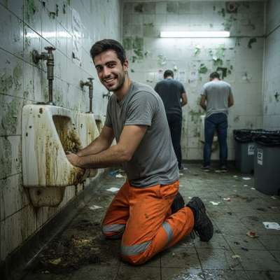 Nothing hotter than a boy on his knees scrubbing piss and shit off a public bathroom floor. 😈🔥 The way he licks his lips...