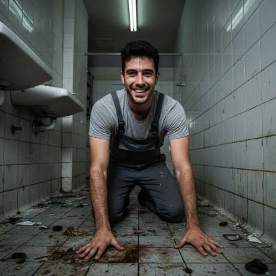 Nothing hotter than a boy on his knees, scrubbing piss and shit off a public bathroom floor. The way he licks his lips...