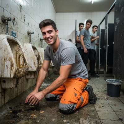 Nothing hotter than a guy on his knees scrubbing piss & shit off a public bathroom floor. 😈🔥 The way he licks his lips...