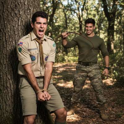 Rough and ready in the woods—this scout’s tied to a tree, begging for the military man’s leather whip. The crack of the...