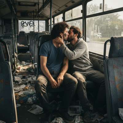 Two hot guys making out on a filthy bus, tongues deep, hands wandering—dirty seats, sticky windows, and no one to stop them....