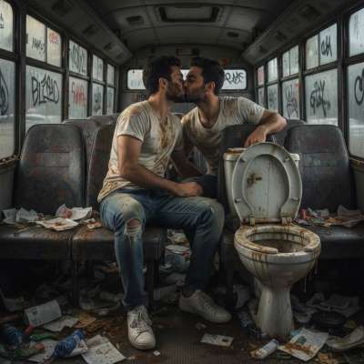 Two hot guys making out on a filthy bus—nothing sexier than passion in the grime. 😈💋 Dirty seats, sticky floors, and tongues...
