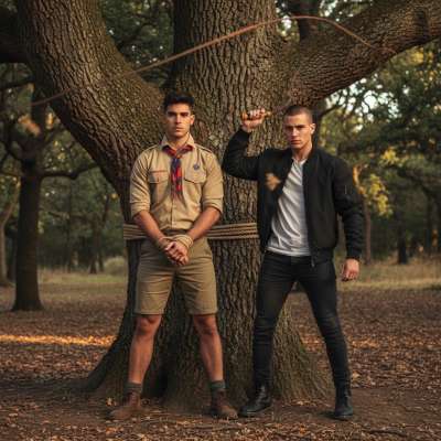 Skinhead dominates a tied-up scout, whip in hand, leaving marks of raw power. The forest echoes with moans as control turns...